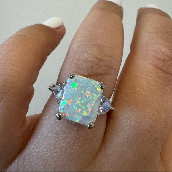 Opal Ring, Radiant Cut Lab Fire Opal Ring with Heart Stones, Sterling Silver - Picture 3 of 11